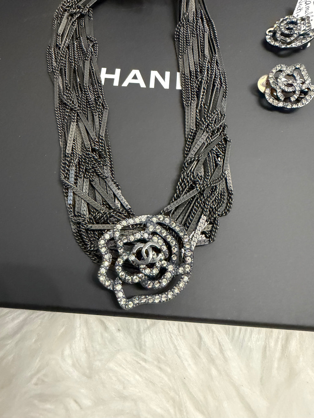 CHANEL RUTHENIUM MULTI STRAND CHAIN CC WITH CAMELLIA FLOWER NECKLACE AND EARRINGS ( SET )