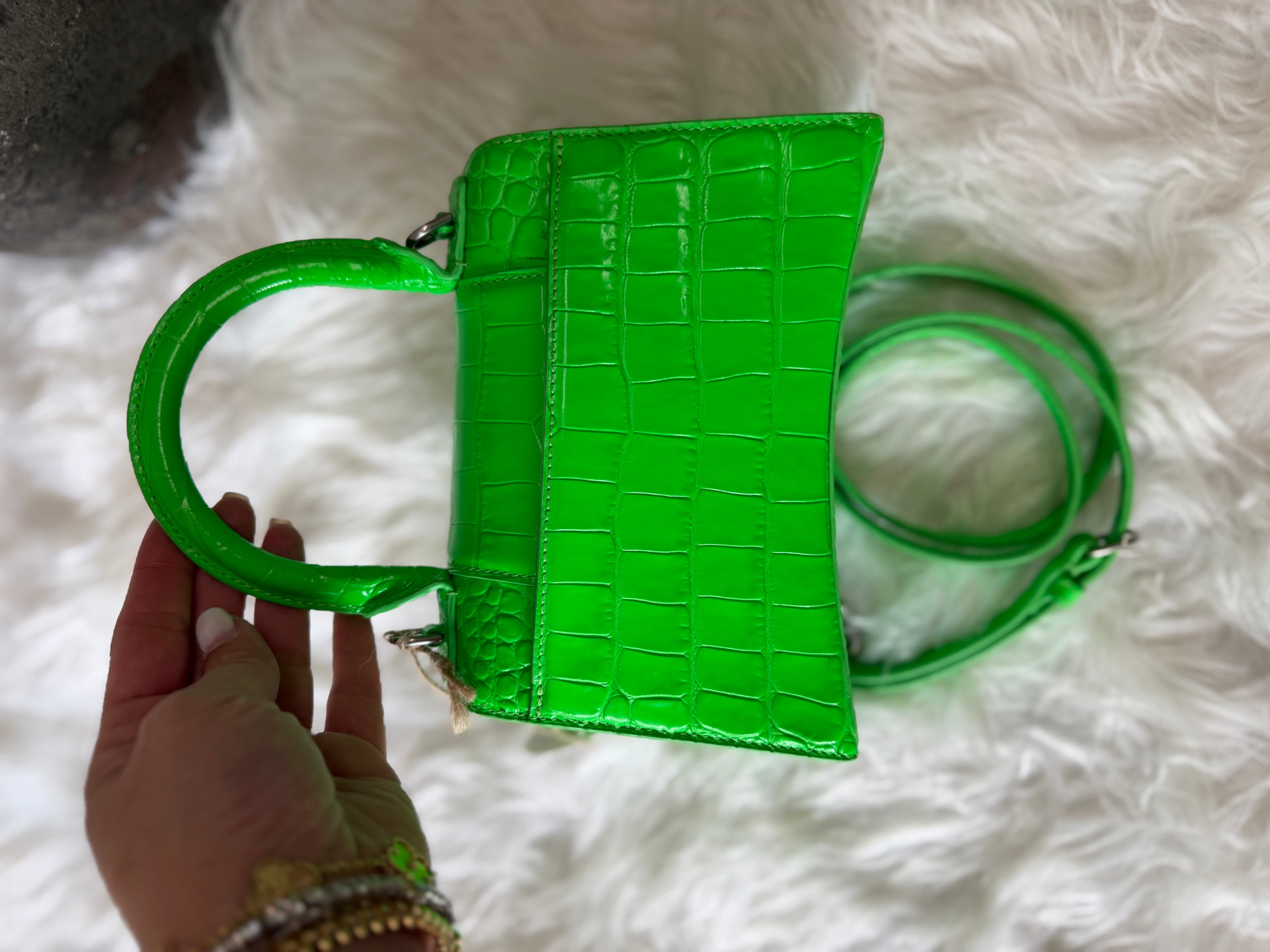 BALENCIAGA SHINY CROC EMBOSSED HOURGLASS TOP HANDEL BAG