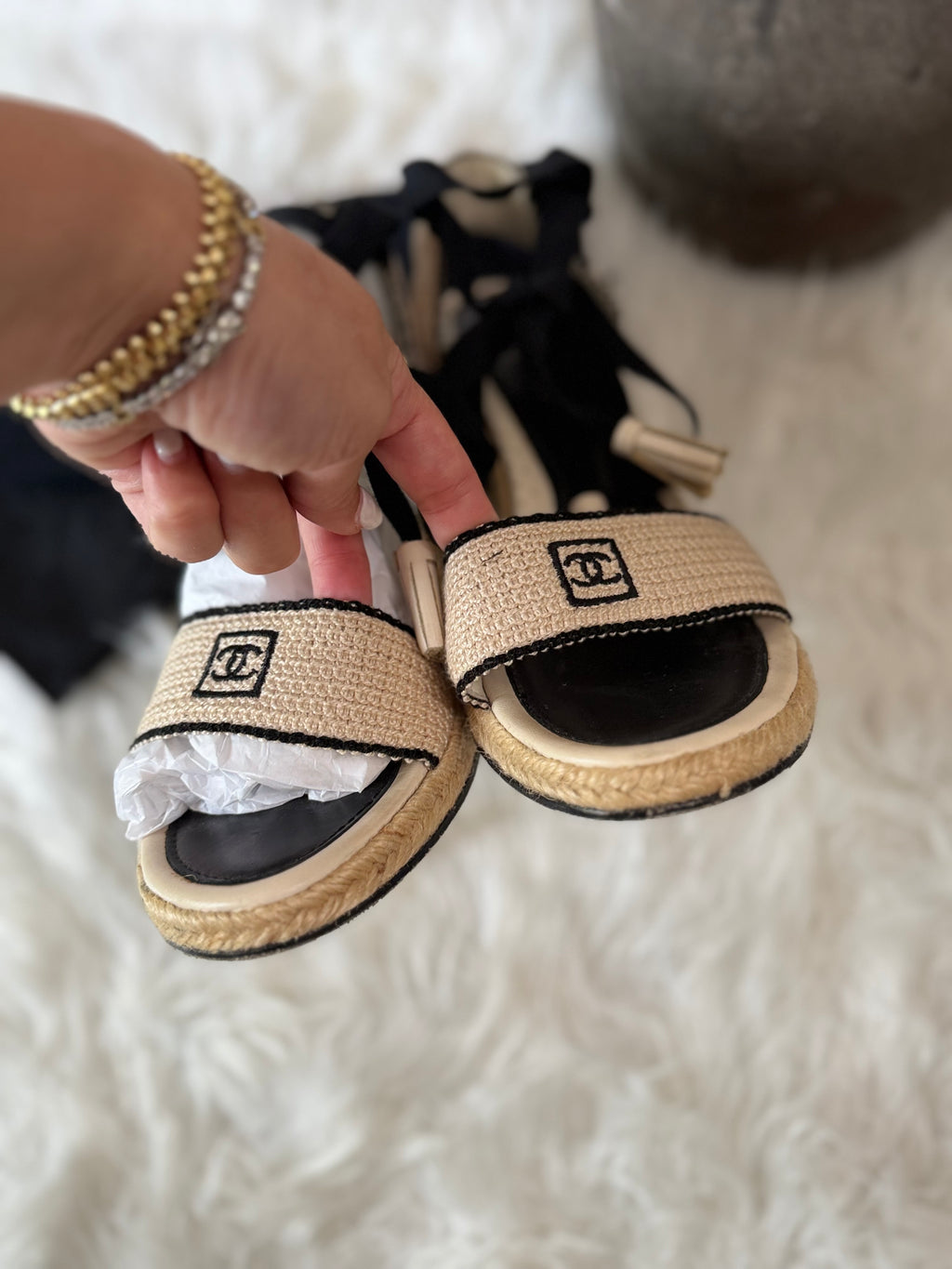 CHANEL CROCHET ESPEDRILLE WEDGES WITH BLACK TRIM