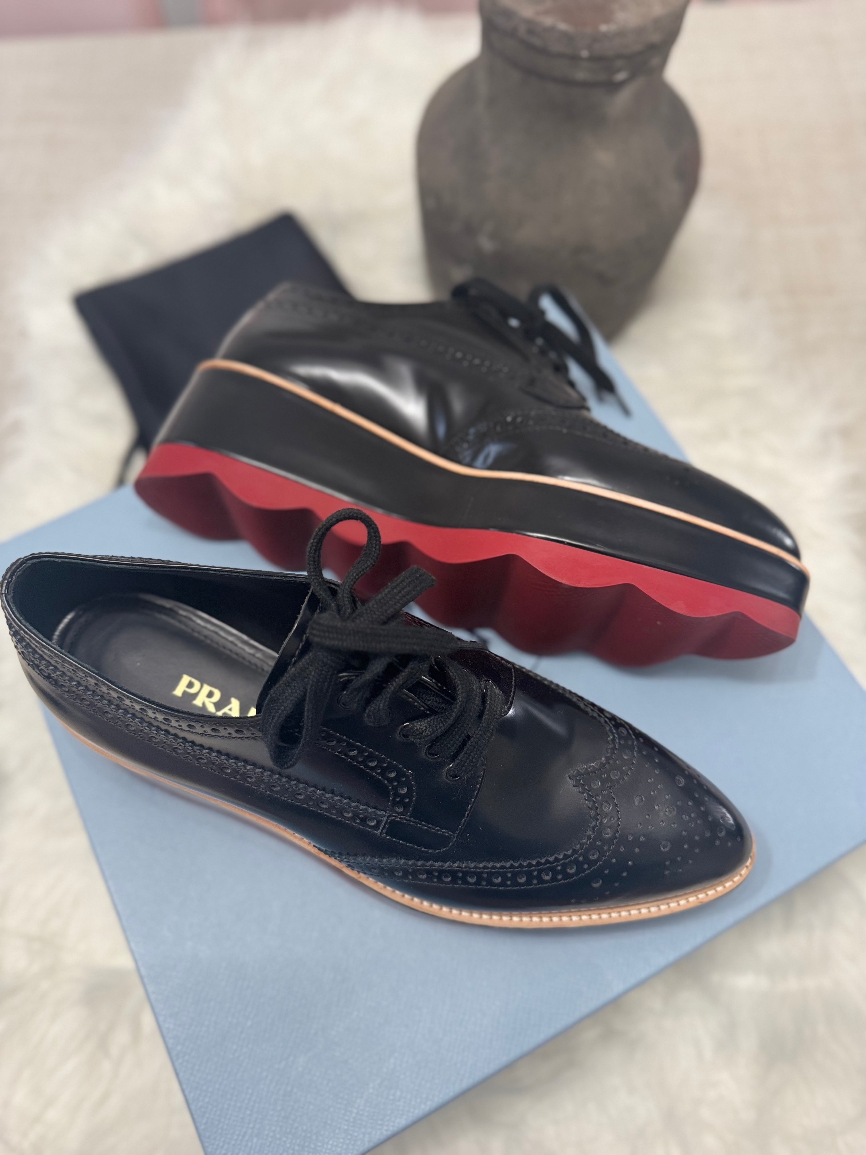 PRADA WINGTIP PLATFORM PATENT LEATHER DERBY SHOES