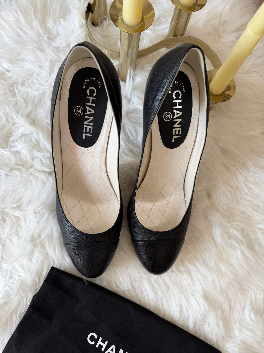 CHANEL INTERLOCKING CAVIAR LEATHER HEELS WITH PEARL HEEL