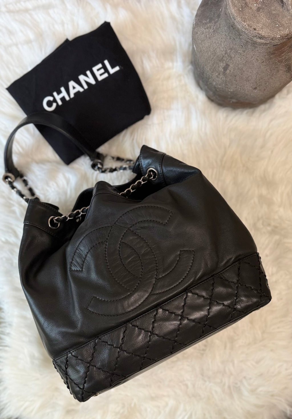 CHANEL SURPIQUE CC DRAWSTRING CALFSKIN BUCKET BAG