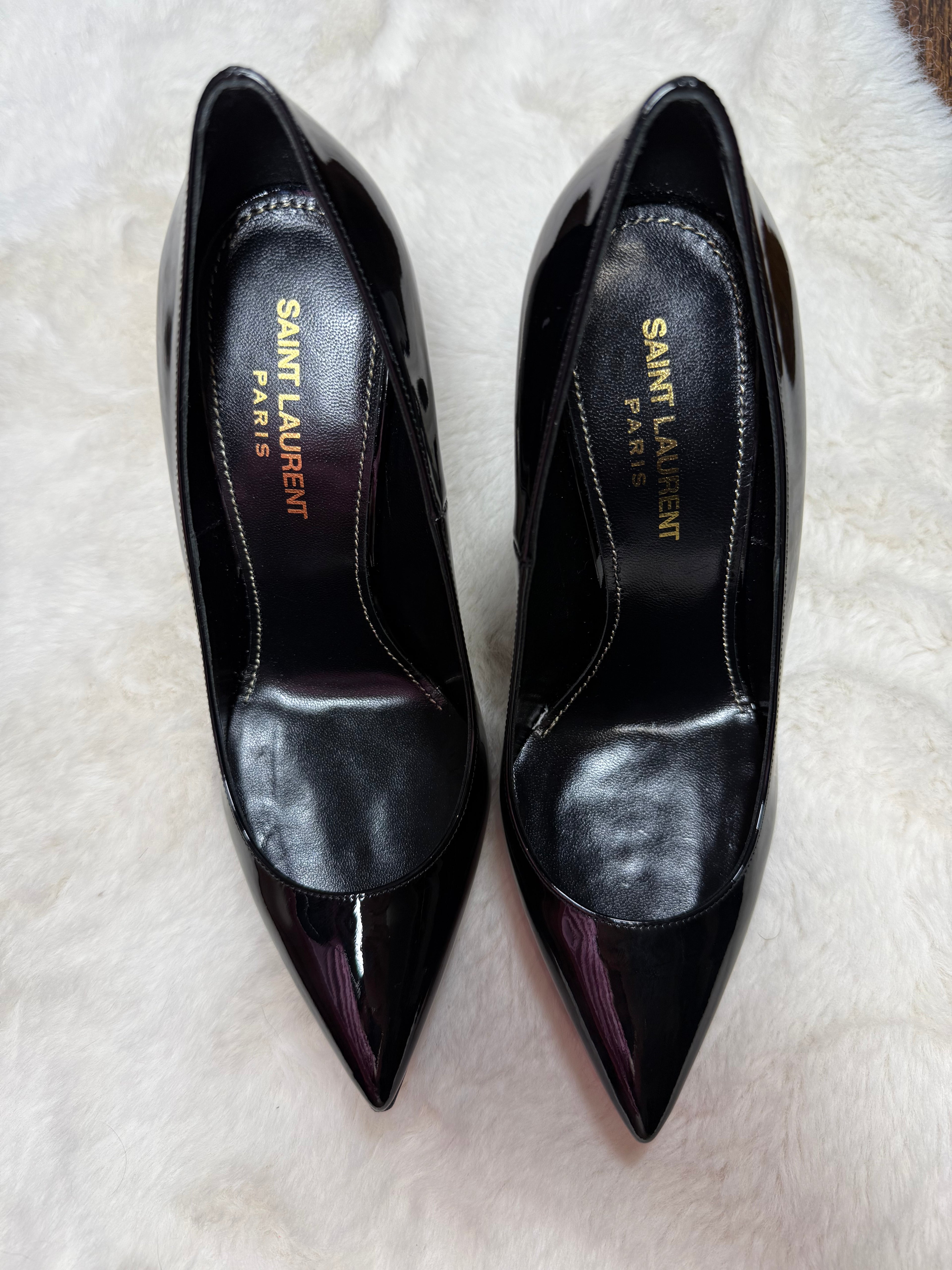 SAINT LAURENT OPYUM BLACK PATENT POINTED TOE PUMPS