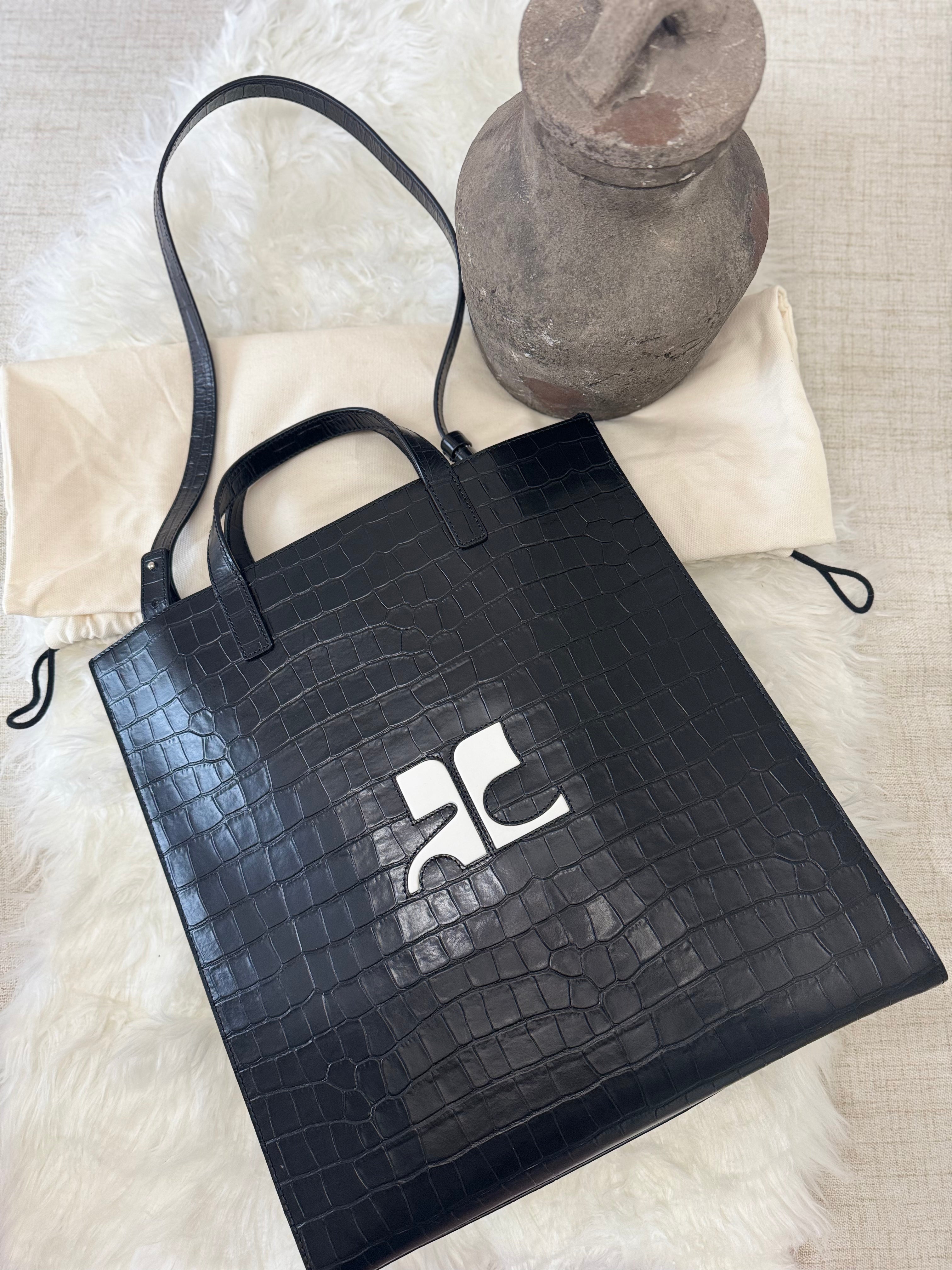 COURREGES HERITAGE TOTE IN CROCODILE-EMBOSSED LEATHER / AC LOGO