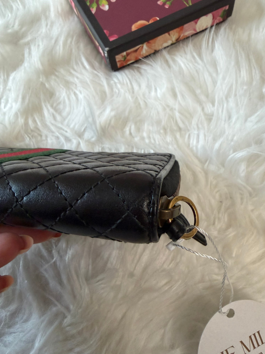 GUCCI MERMONT WEB ZIP AROUND QUILTED LEATHER WALLET