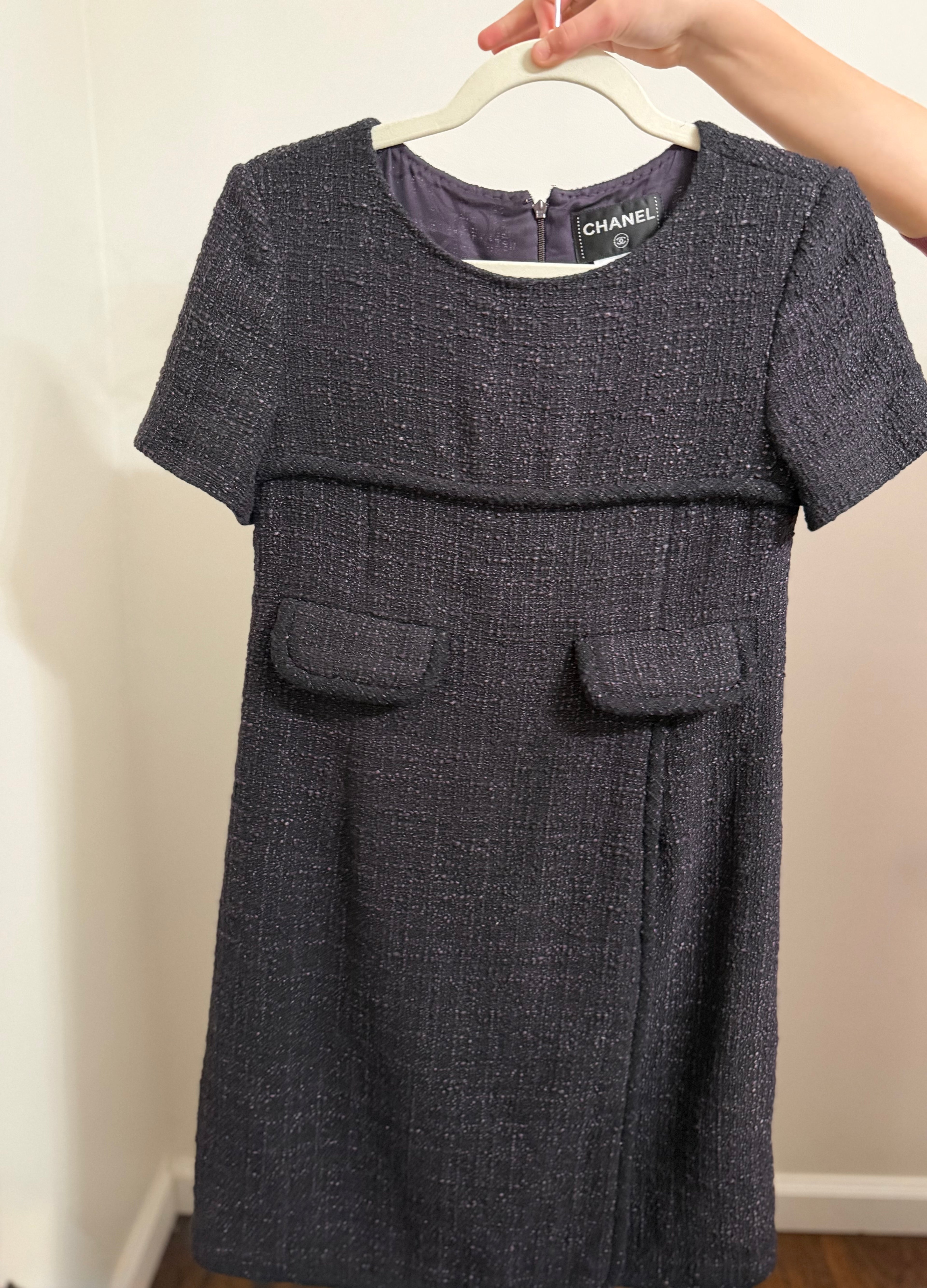 CHANEL TWEED SHORT SLEEVE DRESS WITH FRONT FLAP POCKETS