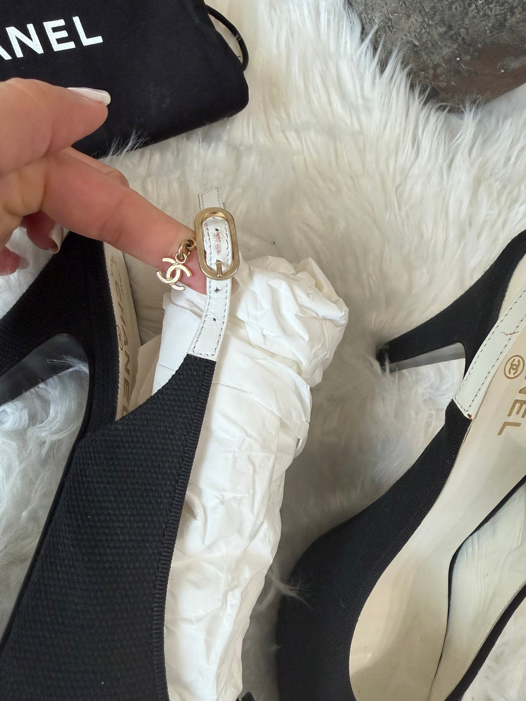 CHANEL INTERLOCKING CC LOGO SLINGBACK PUMP WITH GOLD CC CHARM ON THE BUCKLE
