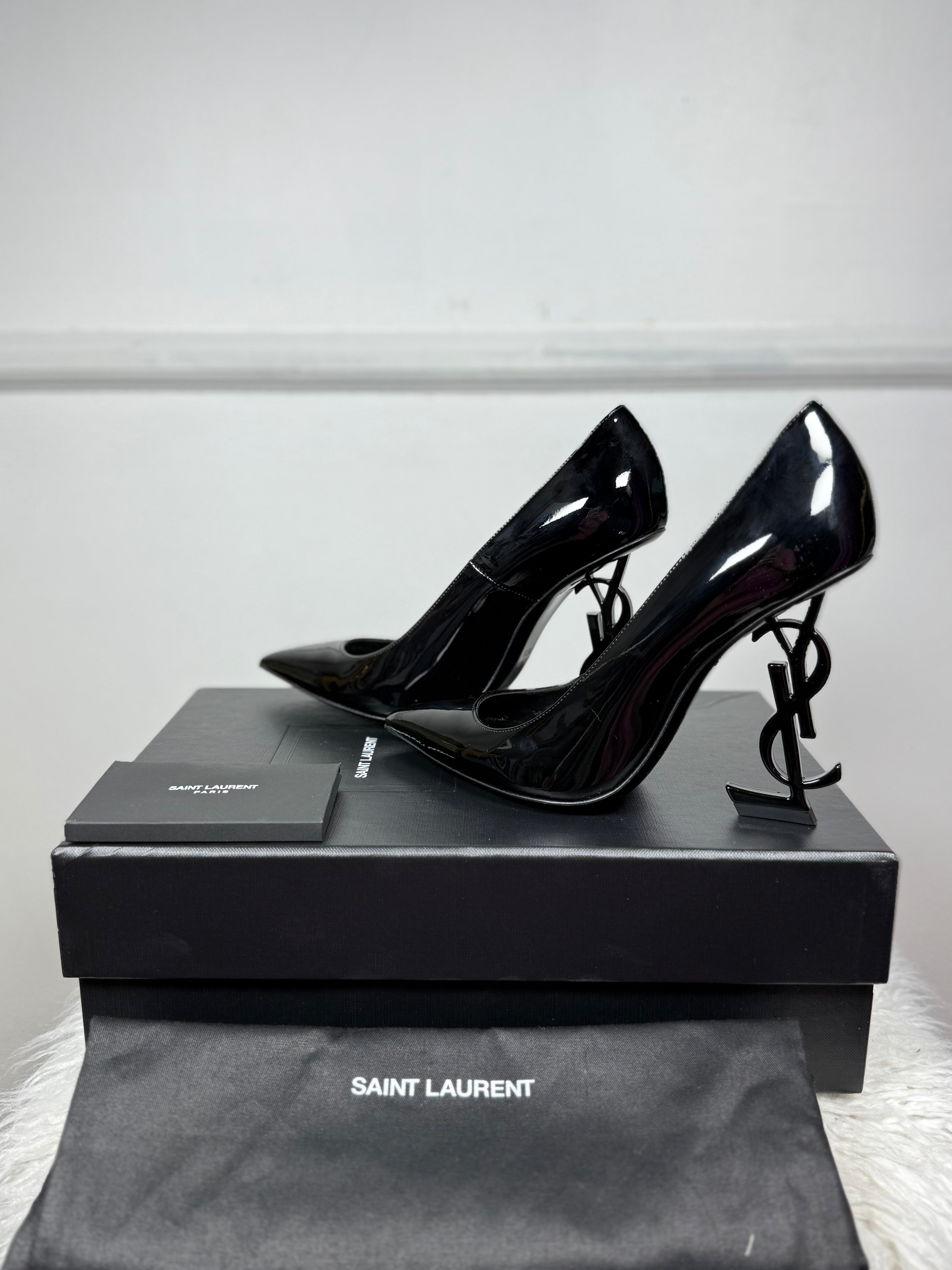 SAINT LAURENT OPYUM BLACK PATENT POINTED TOE PUMPS