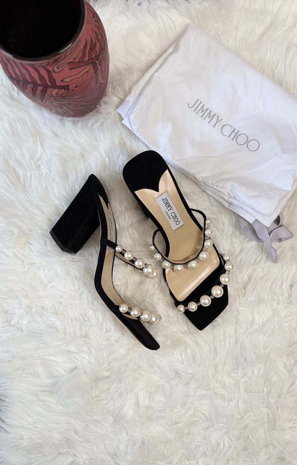 Jimmy Choo faux pearl accents suede heels