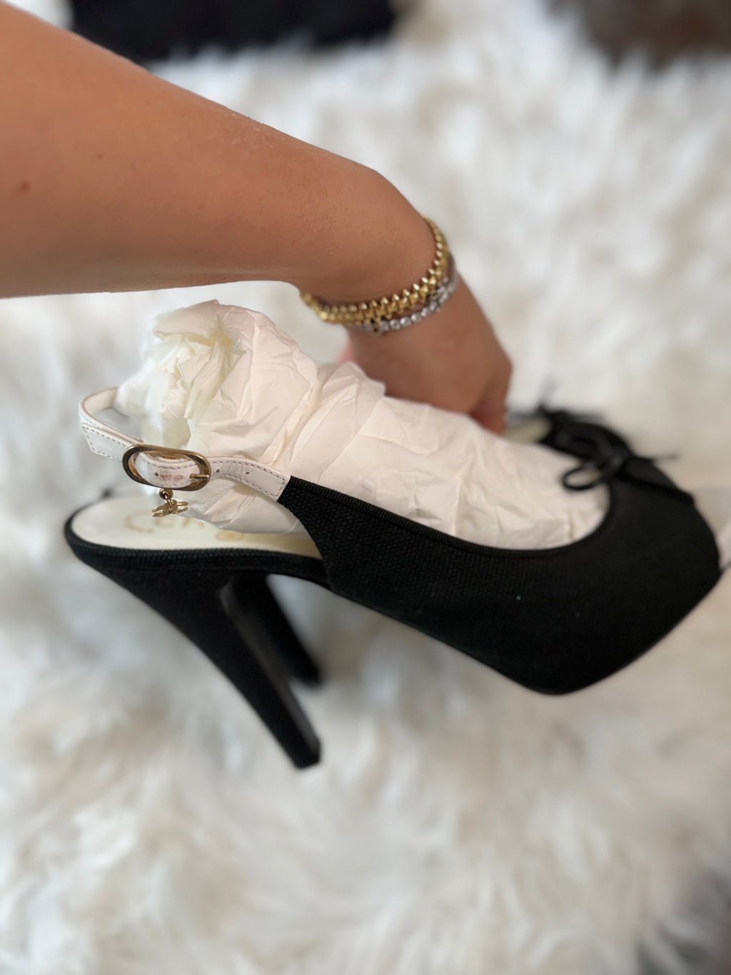 CHANEL INTERLOCKING CC LOGO SLINGBACK PUMP WITH GOLD CC CHARM ON THE BUCKLE
