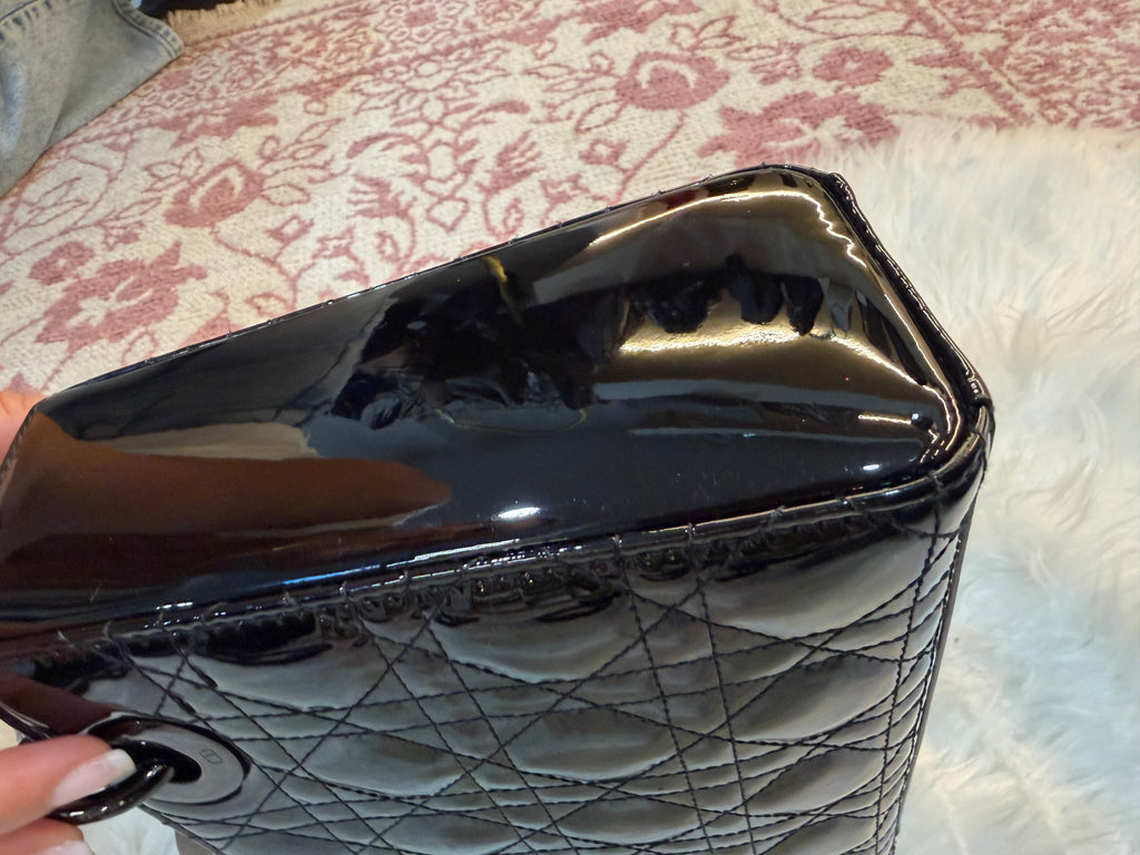 CHRISTIAN DIOR LADY DIOR SMALL BAG IN BLACK ON BLACK PATENT LEATHER