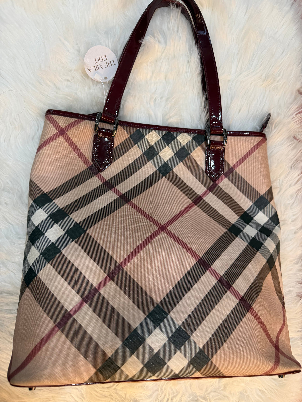 BURBERRY CHECK PRINT LONG TOTE IN CANVAS LEATHER