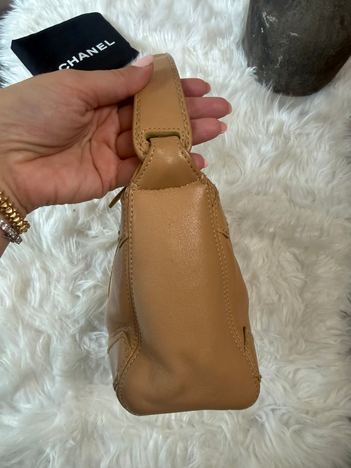 CHANEL SURPIQUE LARGE STITCHED CC LOGO SHOULDER BAG