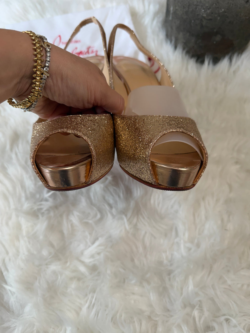 CHRISTIAN LOUBOUTIN PEEPTOE GOLD GLITTER SLINGBACK HEELS