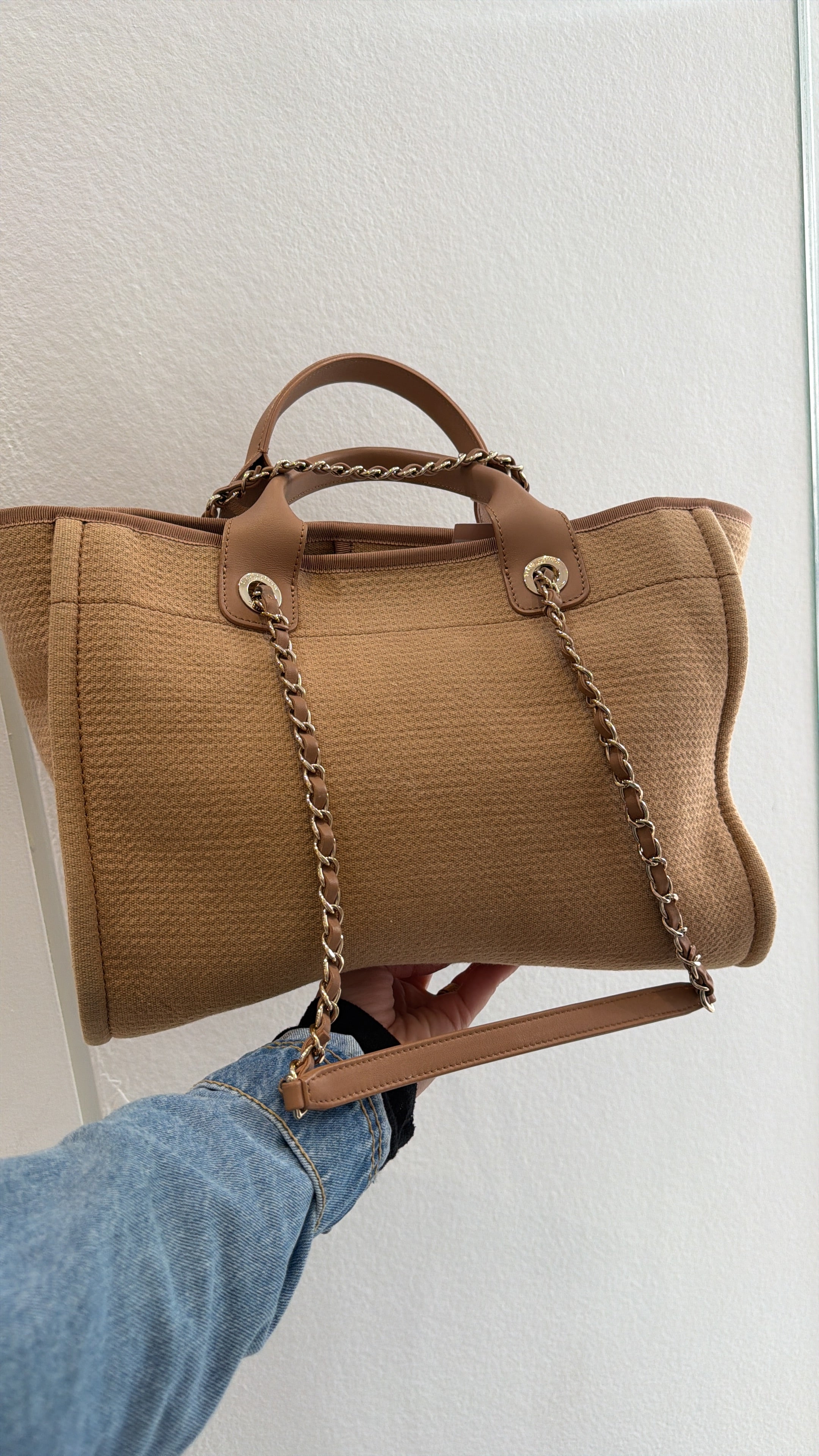 Chanel Medium Deauville tote bag in mixed fibers with gold-tone chain and leather handles