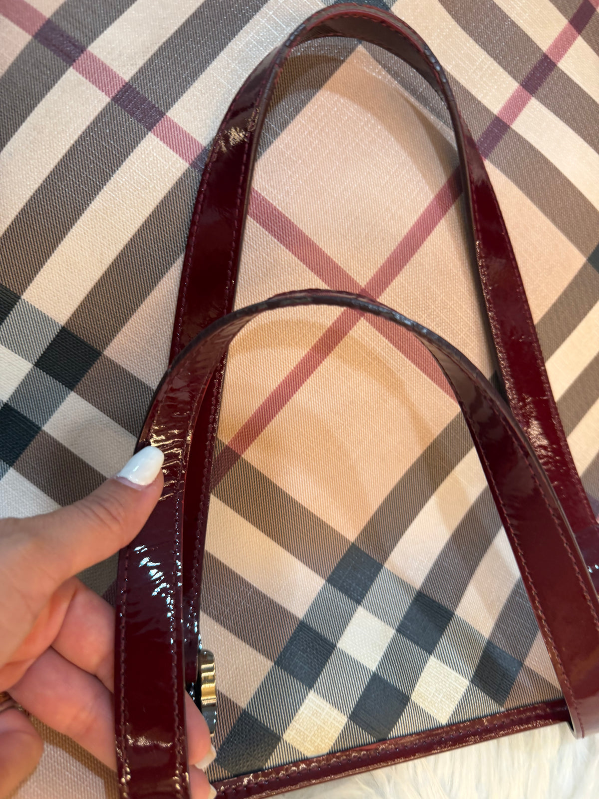 BURBERRY CHECK PRINT LONG TOTE IN CANVAS LEATHER