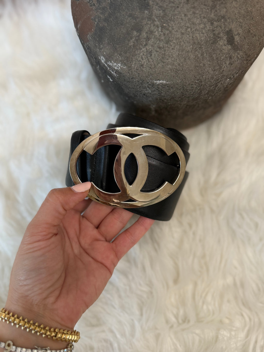 VINTAGE CHANEL LARGE CC LOGO LEATHER BELT
