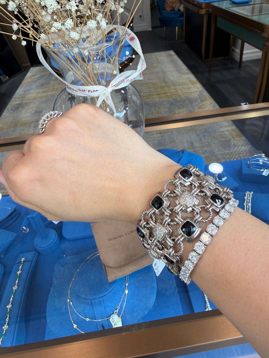 DAVID YURMAN 3 ROW RENAISSANCE COLLECTION LINK BRACELET WITH BLACK ONYX STONES AND DIAMONDS