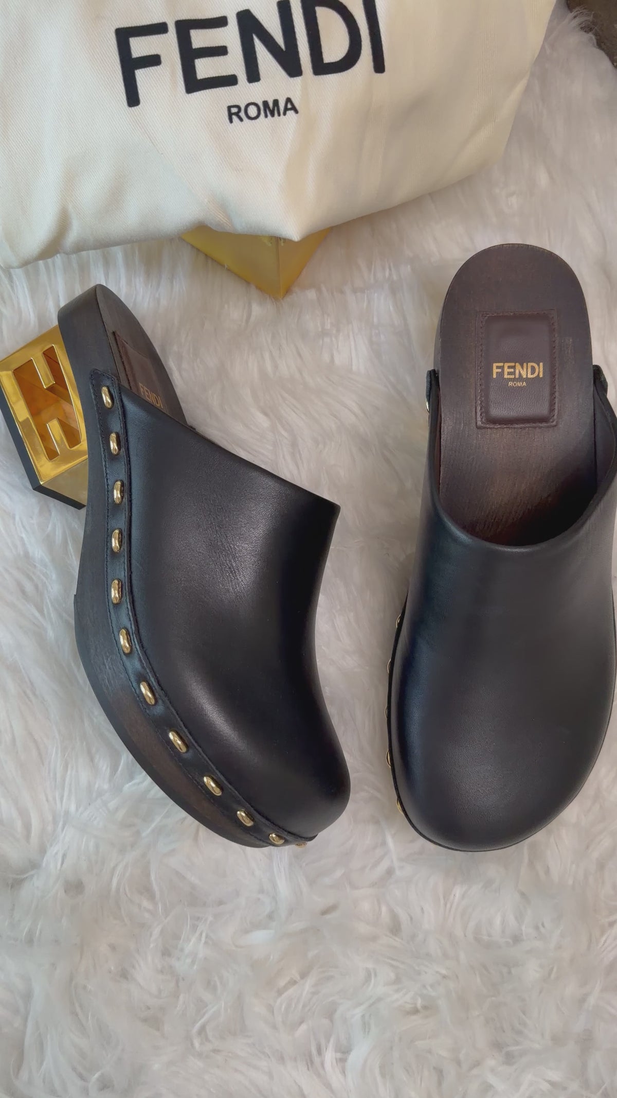 FENDI BAGUETTE CLOGS LEATHER WITH FF LOGO BLOCK HEEL