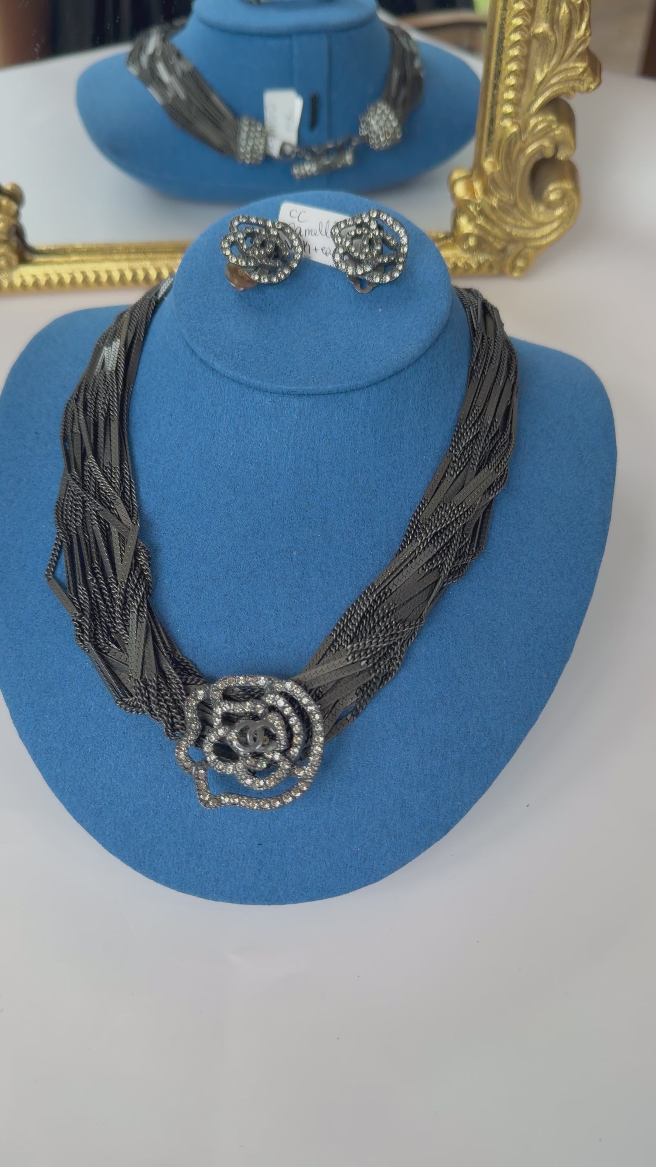 CHANEL RUTHENIUM MULTI STRAND CHAIN CC WITH CAMELLIA FLOWER NECKLACE AND EARRINGS ( SET )
