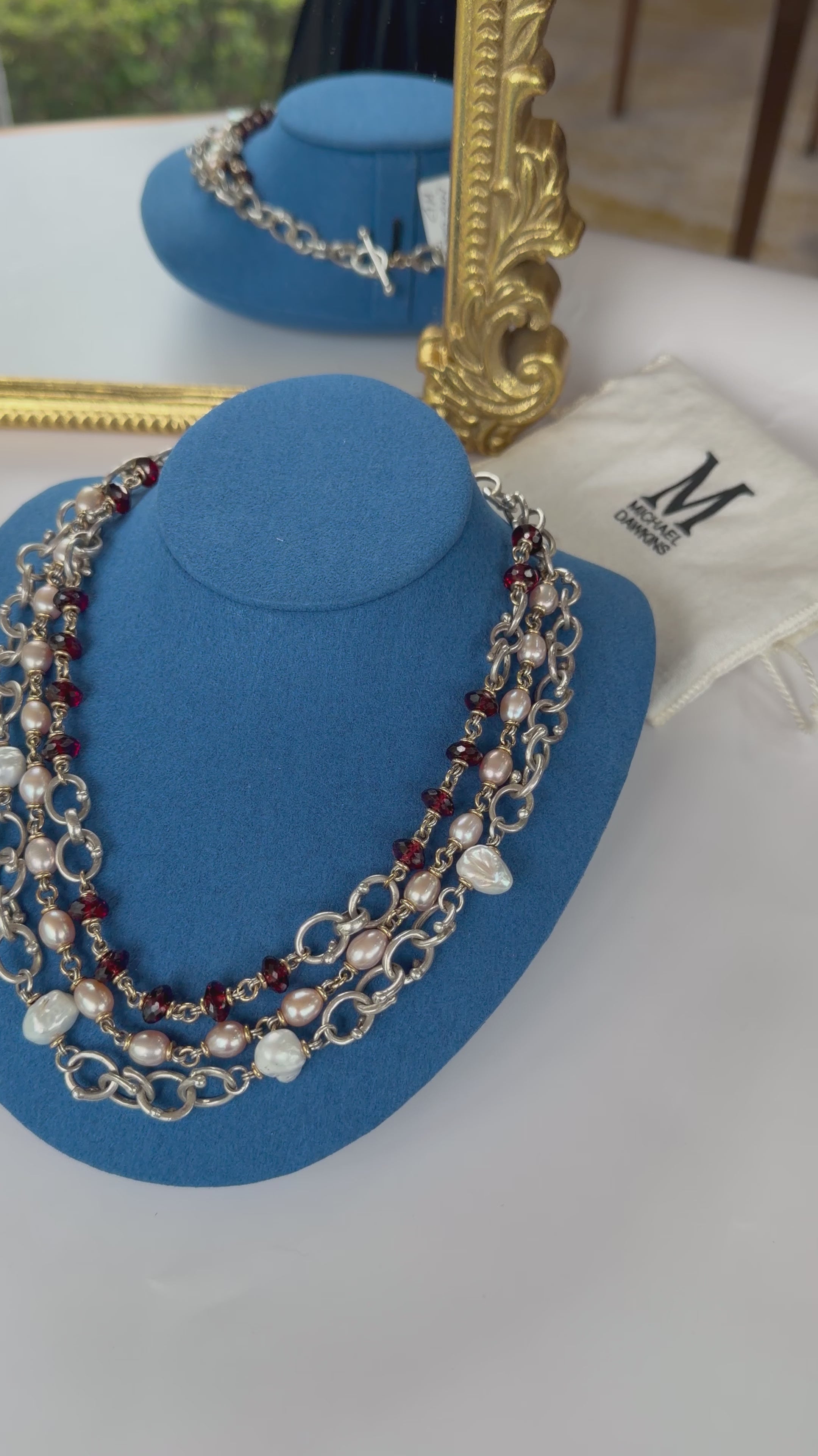 MICHEAL DAWKINS MULTI STRAND NECKLACE WITH FRESHWATER PEARLS AND RED GEMSTONE BEADS