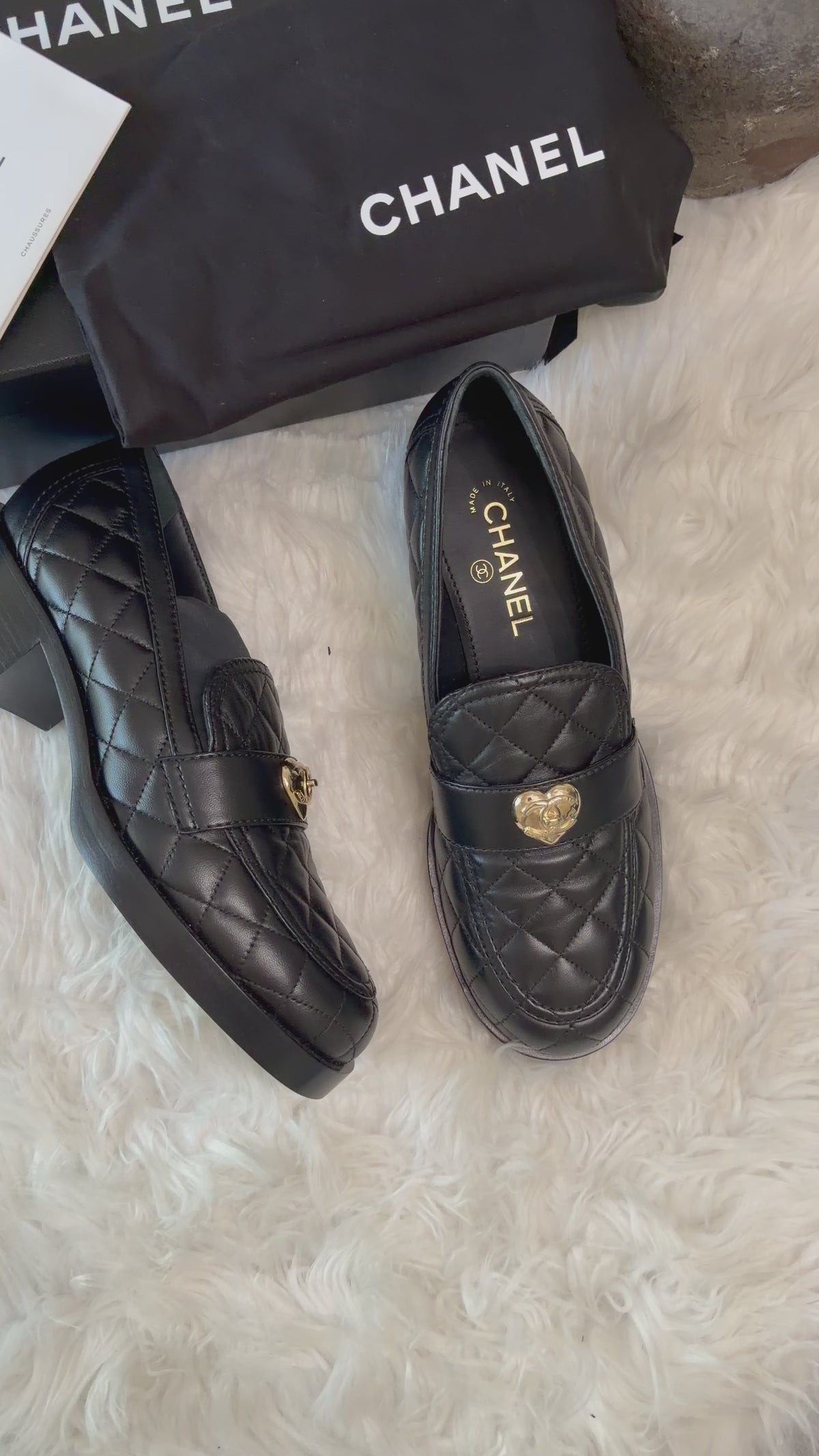 CHANEL LAMBSKIN QUILTED LOAFERS WITH GOLD HEART CC LOGO CHARM