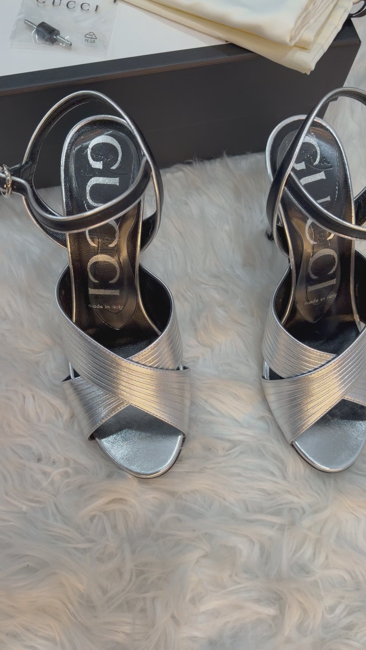GUCCI LEATHER METALLIC STRIPED SANDALS